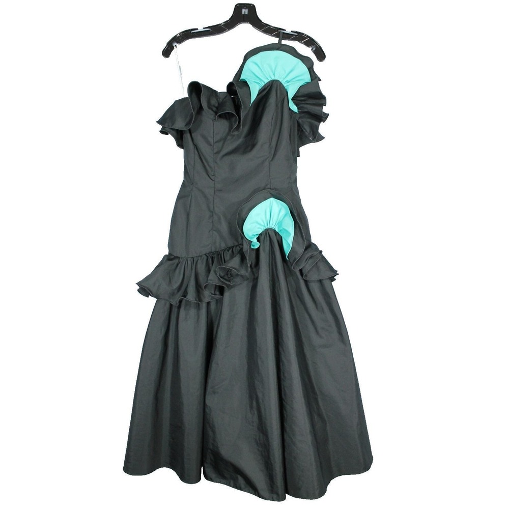 VTG MIKE BENET Black/Aqua TAFFETA 1-Shoulder RUFFLE PARTY/COCKTAIL DRESS XXS/XS
